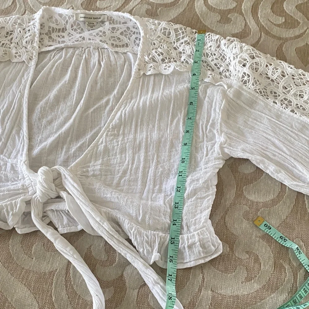 American Eagle White Lace Tie Front Shrug Boho Cropped Cardigan Small - Picture 9 of 10
